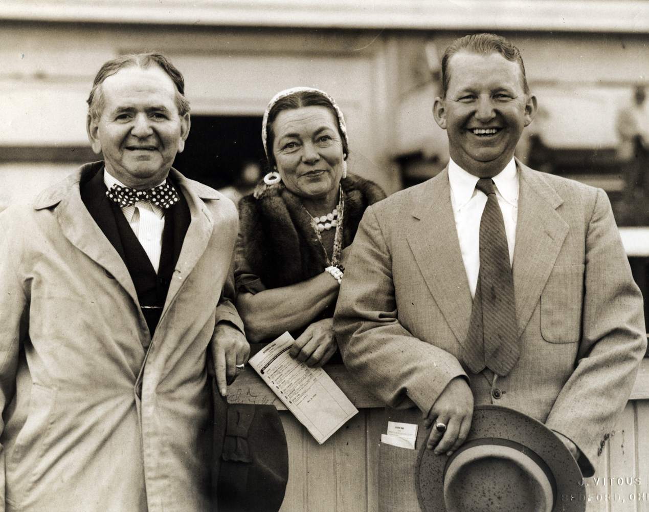 Harry Trotsek (on right) with horse owners Mr. and Mrs. A. E. Reuben at Churchill Downs, May 1953 (Museum Collection)